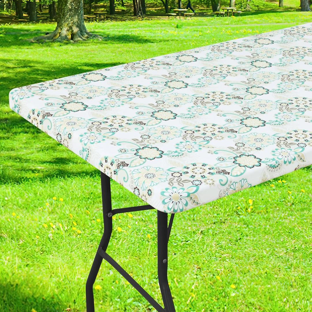 Smiry Rectangle Table Cloth Cover, Waterproof Elastic Fitted Picnic Tablecloth for 8 Foot Tables, Wipeable Flannel Backed Vinyl Tablecloths for Camping, Dining, Outdoor (Teal & White, 30" x 96")