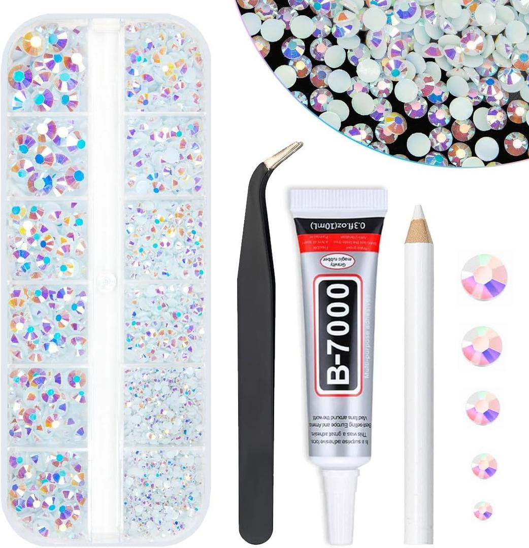 White AB Resin Rhinestones w B7000 Jewelry Glue for Bedazzling Crafting 2mm 3mm 4mm 5mm 6mm Flatback Jelly Stones Diamonds Crystals Gems Charms Supplies for Nails Face Makeup Tumblers Crafts
