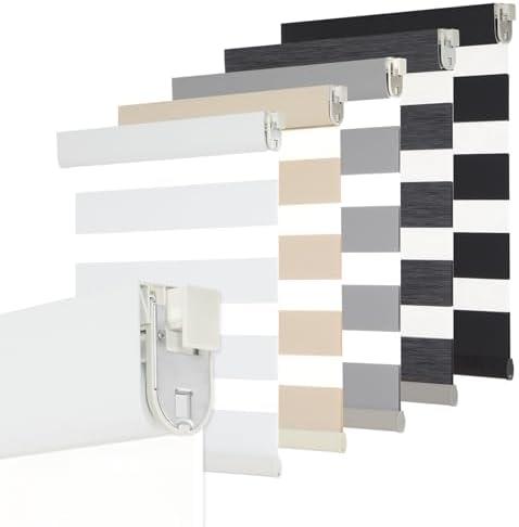 Persilux No Drill No Tool Custom Size Zebra Blind Dual Layer Privacy for Day and Night Window Blinds Light Filtering Cordless Windows Shades for Windows, Easy to Install Thermal Insulated Blinds, White
