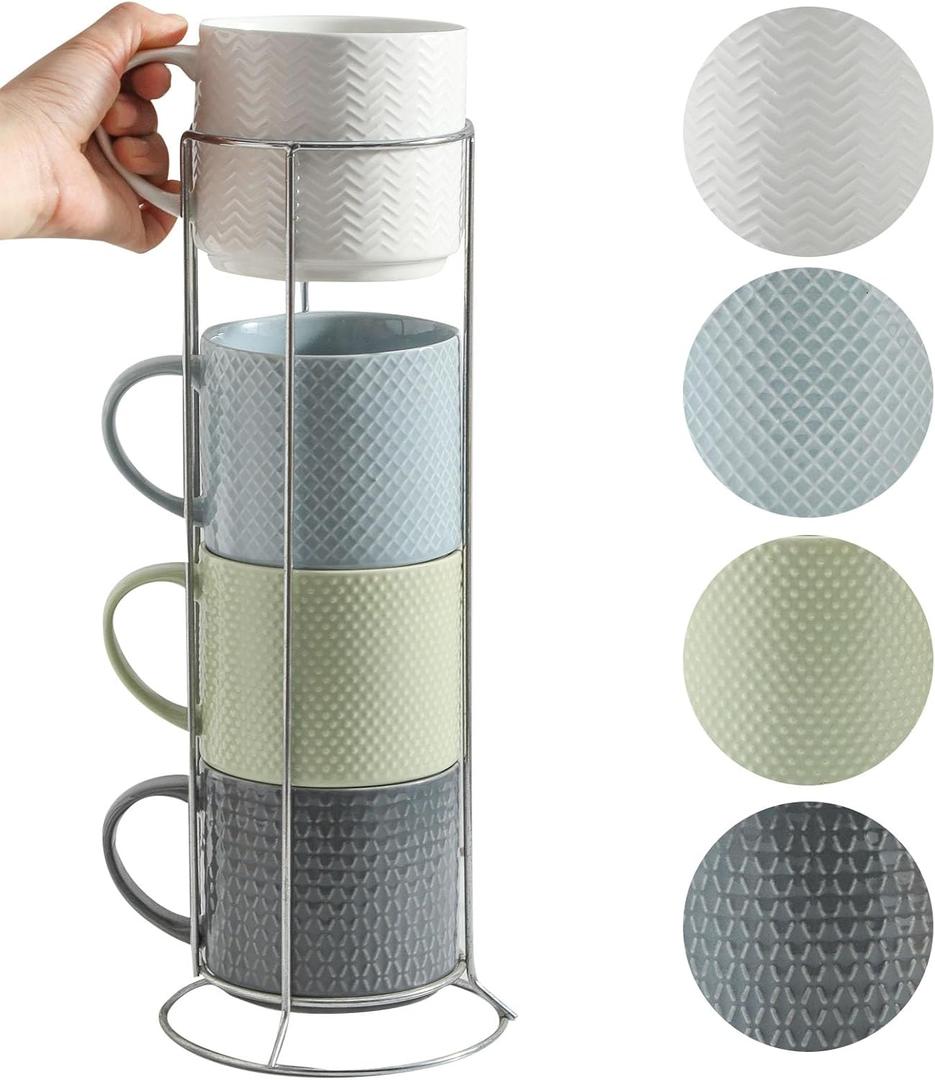 Hasense Coffee Mugs,15oz Coffee Cups Set of 4 with Stackable Storage Rack, Durable Porcelain, Microwave & Dishwasher Safe, Space-Saving Mug Set for Kitchen and Office, Multi Color