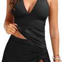 Yonique 2 Piece Swimsuits for Women Halter Tankini Top with Skirt Bottom Tummy Control Bathing Suit (Large, Black)