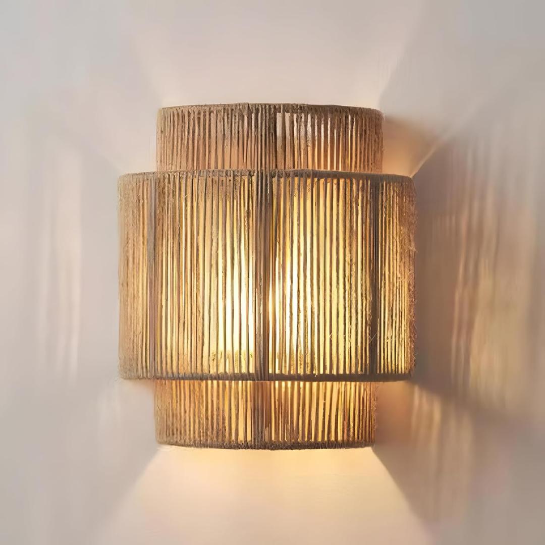 Bofea-1 Light Boho Wall Light,Rattan Wall Sconce with Hand Woven Hemp Rope Shade,Plug in Wall Sconces,Boho Bedside Lamp,Farmhouse Rustic Wall Lamps Light Fixture for Living Room Bedroom Stairway