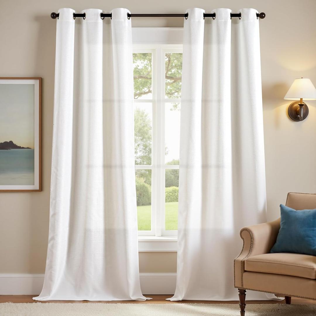 jinchan White Curtains 96 Inches Long 2 Panels for Living Room Linen Textured Grommet Curtains Light Filtering Window Drapes for Bedroom