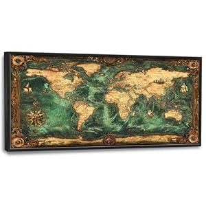 Vintage World Map Large Wall Art Nautical Framed Wall Decor for Living Room, Map Pictures Oversized Canvas Print Painting Modern Extra Large Framed Artwork for Bedroom Office Home Decor 60"x30"