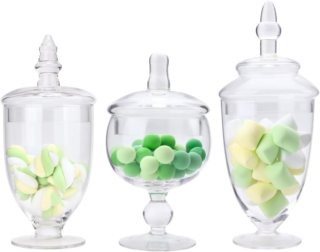 Set of 3 Apothecary Jar Glass, Glass Apothecary Jars with Lids, Clear Candy Jars for Candy Buffet, Decorative Jar for Display, Party and Wedding, Elegant Candy Canisters Set (Height: 10.5",8.4",8.4")