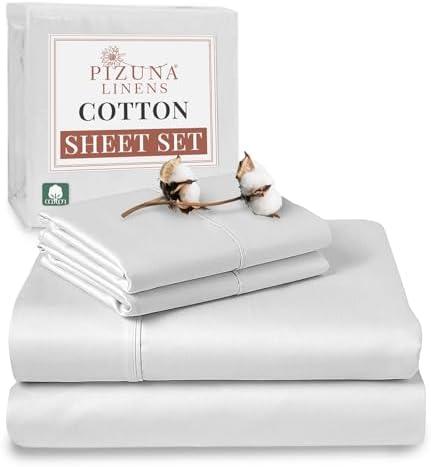 Pizuna 100% Cotton White, 400 Thread Count Long Staple Cotton Sateen Sheets Full Size Bed, 15 Inch Deep Pocket Full Size Sheets Set (Full Size Cotton Sheet Sets)