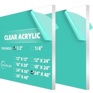 CALPALMY (2 Pack) 1/2" Thick Clear Acrylic Sheets 24" x 48", Pre-Cut Plexiglass Sheets for Craft Projects, Acrylic Signs, Display Cases or Shelving and More - Easy to Cut with Power Saw etc