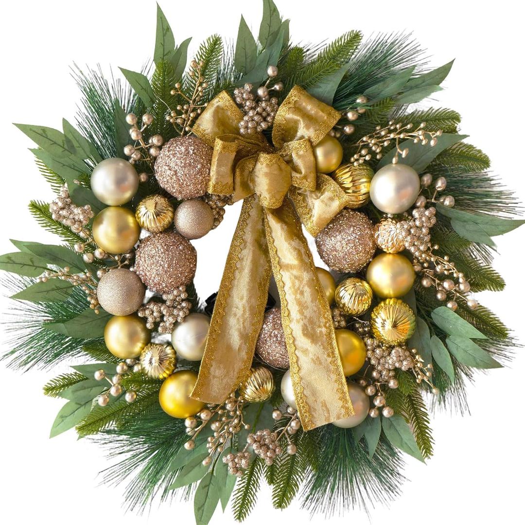 Christmas Wreath with Lights, 24 Inch Christmas Wreaths for Front Door with Christmas Ball Ornaments, Lifelike Pine Cones Berries & Bow, Christmas Door Wreath for Indoor Outdoor Wall Decor