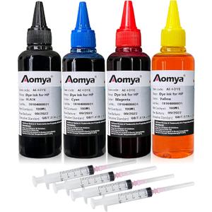 Aomya Ink Refill Kit 100ml for HP 67 61 65 60 62 63 910 920 901 902 932 933 934 940 952 94 95 96 Inkjet Printer Cartridges Refillable Ink Cartridges CIS CISS System 4 Color Set with 4 Syringes