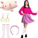 4 Pcs Halloween Women Costume Accessories with Hot Pink Headband Pig Star Earrings White Socks for Cosplay