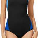 Beautikini Period Swimwear One Piece Leakproof Menstrual Swimsuit Racerback Color Block Bathing Suit for Teen Girls Women (X-Small, Fog Blue/Royal Blue)