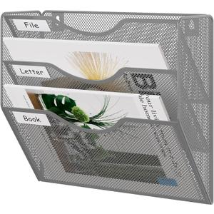 EasyPAG 3 Pocket Mesh Wall File Organizer, Hanging Paper Folder Holder with Classify Label, Vertical Wall Mount Mail Organizer for Office Home Classroom, Silver