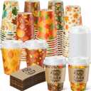 Mimorou 60 Pcs Thanksgiving Fall Cups 12oz Coffee Cups with Lids and Sleeves Disposable Maple Leaves Paper Drinking Mugs for Harvest Autumn Party Supplies