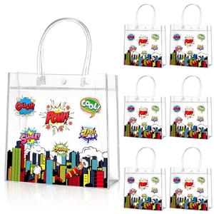 Aliceset Hero Clear Favor Bags with Handles Hero Party PVC Treat Plastic Gift Bags for Birthday Party Rewards Supplies, 8 x 8 x 3.15 Inch