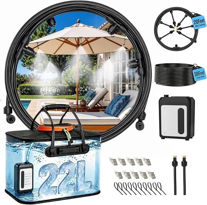 Bluepro 50FT Portable Misting System for Cooling, Misters for Outside Patio with 5.8Gal/22L Foldable Tank, 5200mAh Pump (IPX8) & 8 Adjustable Brass Nozzles for Umbrella, Camping, Golf Cart, Sport