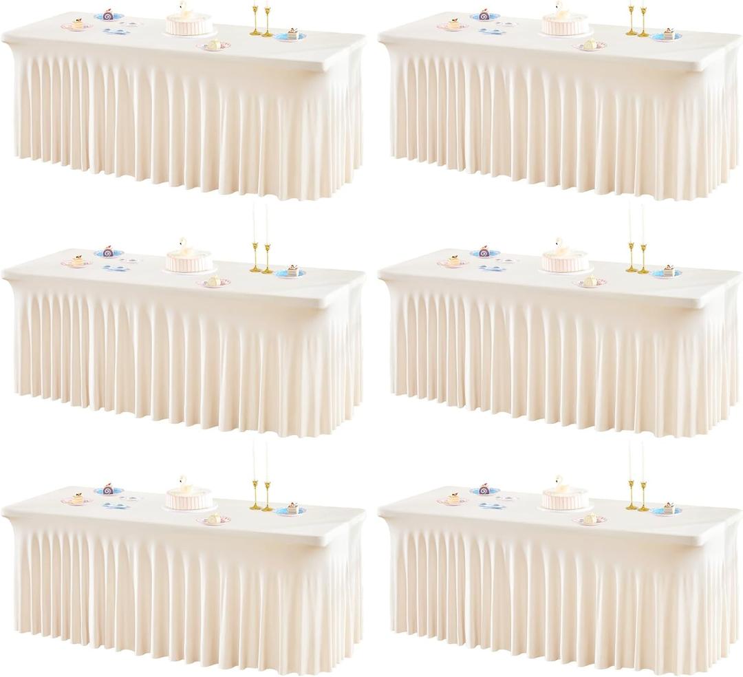 6 Packs Ivory Table Clothes for 8 Foot Rectangle Tables, One-Piece Wrinkle Resistant Stretch Spandex Table Covers with Skirt for Event Banquet Wedding Birthday Party, 96" x 30"
