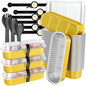 100 Pack Mini Loaf Pans with Lids and Spoons, 6.8oz Mini Cake Pans for Baking, Disposable Rectangle Aluminum Foil Small Loaf Baking Pans Cake Tins, Individual Small Cake Containers with Sticker, Gold