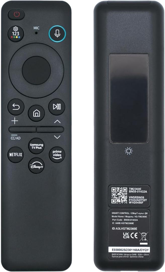 New BN59-01432A TM2360E Solar Voice Remote, USB-C Rechargeable Bluetooth Remote Control with Solar Charging Compatible with Samsung 2023-2024 Neo QLED 8K Smart TVs, HDR Ultra HD - Black