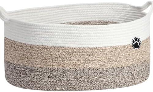 Optish 40L Extra Large Dog Toy Basket, 20" x 14" x 9" XL Toy Storage Box and Bin with Handles, Woven Cotton Rope Foldable Basket for Blankets, Living Room, Bedroom, Home Decor, White & Brown