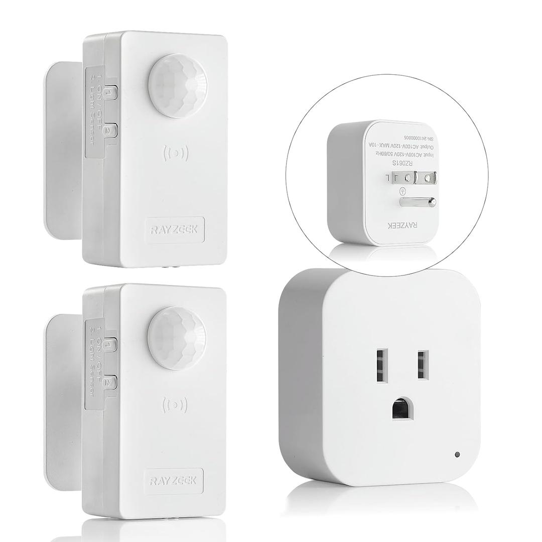 RAYZEEK Wireless Motion Sensor Control Outlet with Light Sensor,No WiFi/No APP, 2 PIR Sensor Switch Control 1 Plug for Christmas Tree Lights,Fans,Household Appliances,10A/1100W