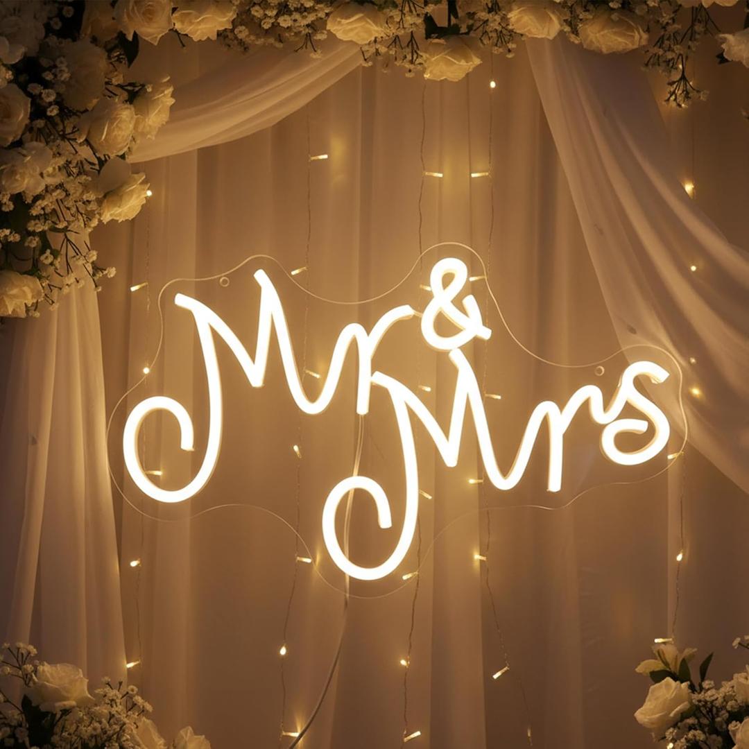 Mr & Mrs Neon Sign for Wedding Decoration, Romantic LED Neon Light Sign for Wedding Reception, Bridal Shower, Engagement Party, Bedroom Decor