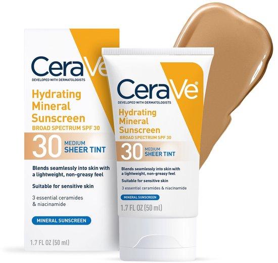 CeraVe Hydrating Mineral Sunscreen Face Sheer Tint SPF 30, Face Moisturizer with Niacinamide and Hyaluronic Acid, For All Skin Tones