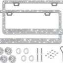 Runone 2 Pack Bling License Plate Frame for Women,Sparkly Rhinestone Stainless Steel License Plate Holder,Car Accessories with Glitter Crystal Caps (White)