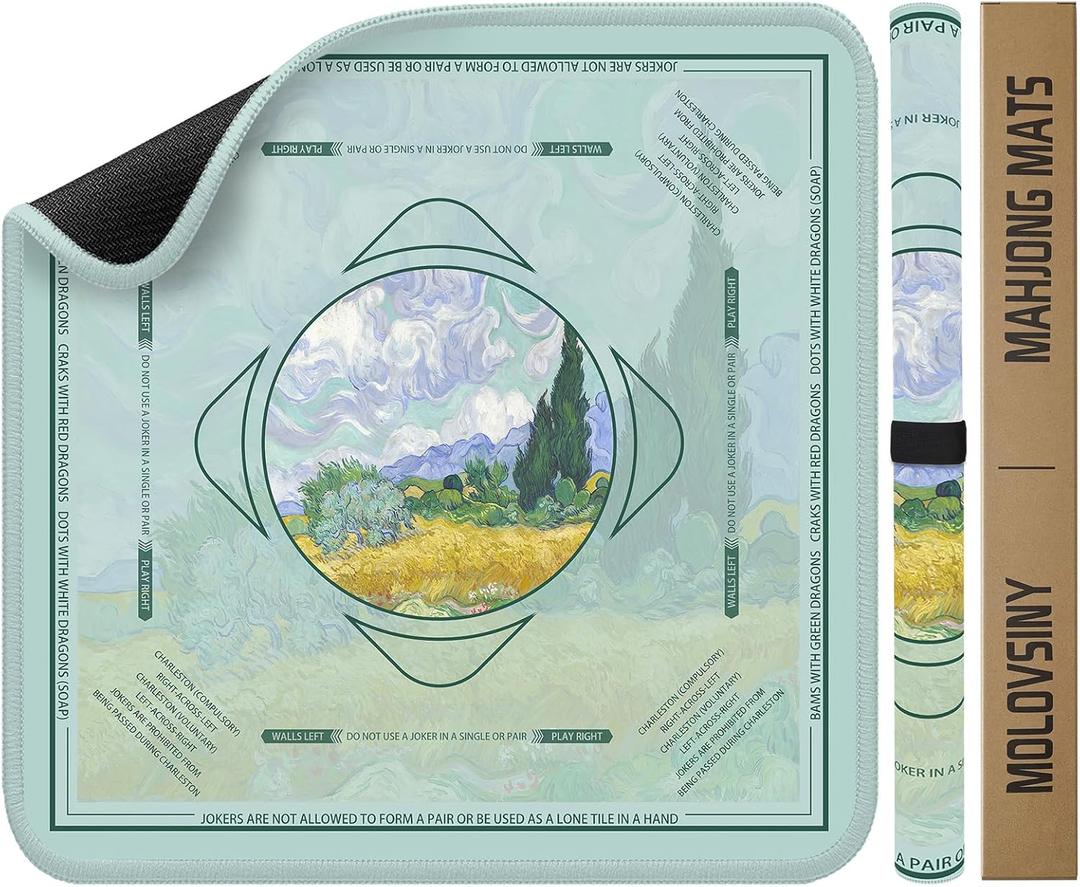 Mahjong Mat 31.5 Inch Square - Non-Slip Durable Table Cover for Mahjong/Card/Domino Games, Rolled Shipping with Storage Pockets & Noise Reduction, Premium Gift for Women(Golden Field)