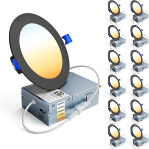 Ensenior 12 Pack 4 Inch LED Recessed Ceiling Light Black, Dimmable, 2700K-5000K 5CCT, 750LM 9W 120V, High Brightness Canless Wafer Downlight - ETL&FCC&IC