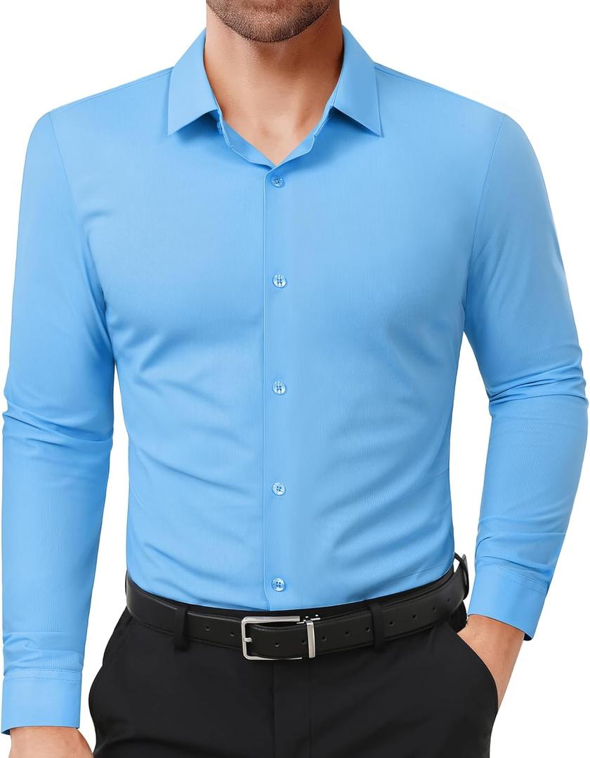 Lion Nardo Slim Fit Dress Shirts for Men Stretch Muscle Fit Long Sleeve Dress Shirts Wrinkle Free Formal Button Down Shirts (Blue)