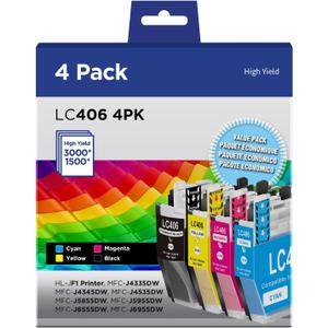 LC406 Ink Cartridges Compatible for Brother LC406XL LC406 High Yield Work with Brother MFC-J4535DW MFC-J4335DW MFC-J5855DW MFC-J6555DW MFC-J6955DW Printer(Black, Cyan, Magenta, Yellow, 4 Pack)