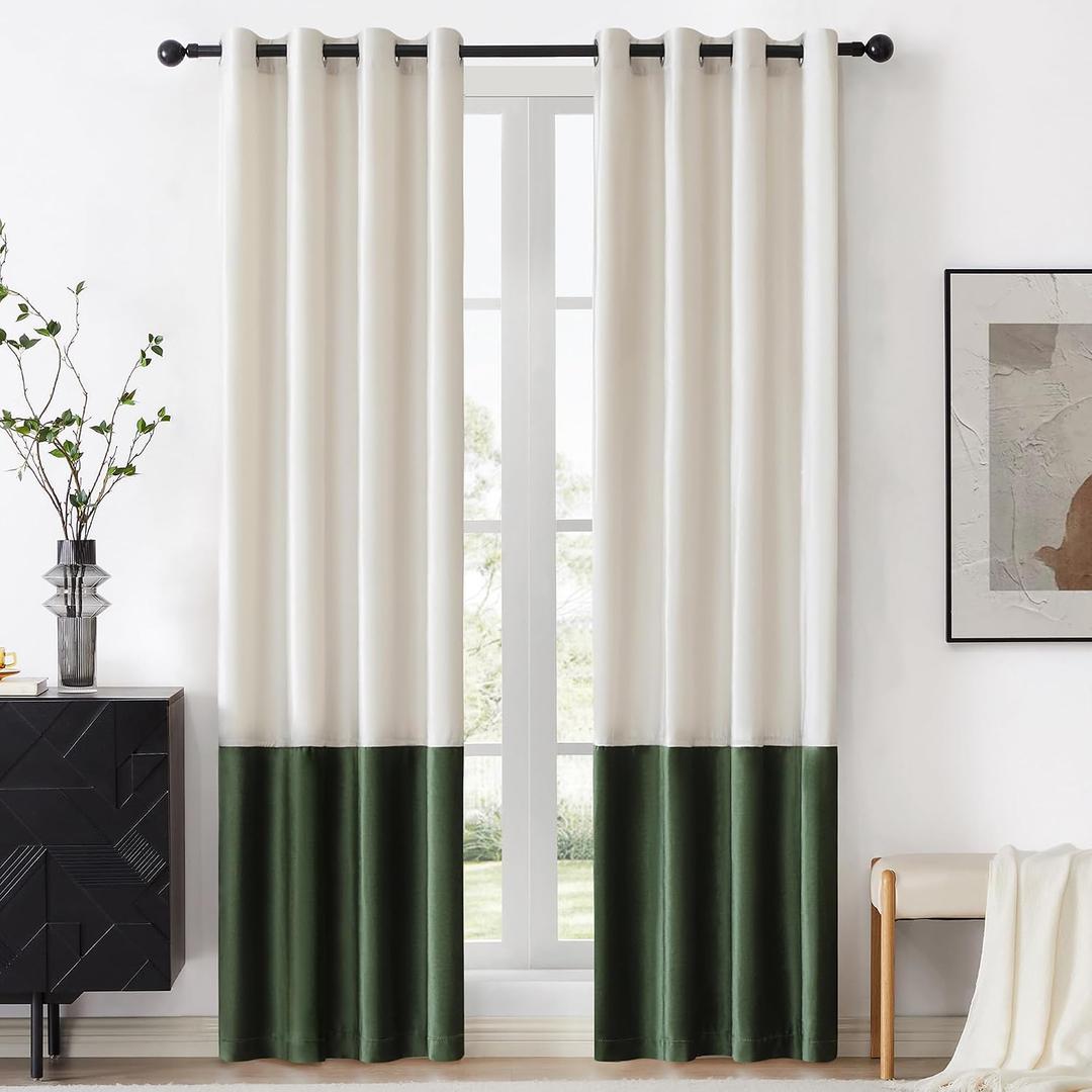 Ivory Cream Green Velvet Curtains 84 inch Color Block Luxury Elegant Modern Living Room Curtain Light Blocking Thermal Insulated Soundproof Room Darkening Energy Saving Drapes for Bedroom Set of 2, 52"W x 84"L