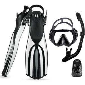 TUDIVING-Diving Fins Long Silicone Flippers Swim Equipment Snorkel Fins New Professional Scuba Fins Adults Men Women (Large-X-Large, Black diving set)