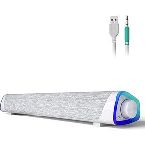 SOULION R30 Computer Speakers, USB Powered 3.5mm AUX Small PC Speakers, Colorful LED Lights with Switch Button, Surround Sound Portable Computer Sound Bar Speaker for Desktop Laptop White