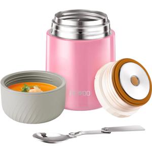 FEWOO Food Jar - 20oz Vacuum Insulated Soup Container, Stainless Steel Lunch Box for Kids Adult, with Folding Spoon for Hot or Cold Food (Pink)