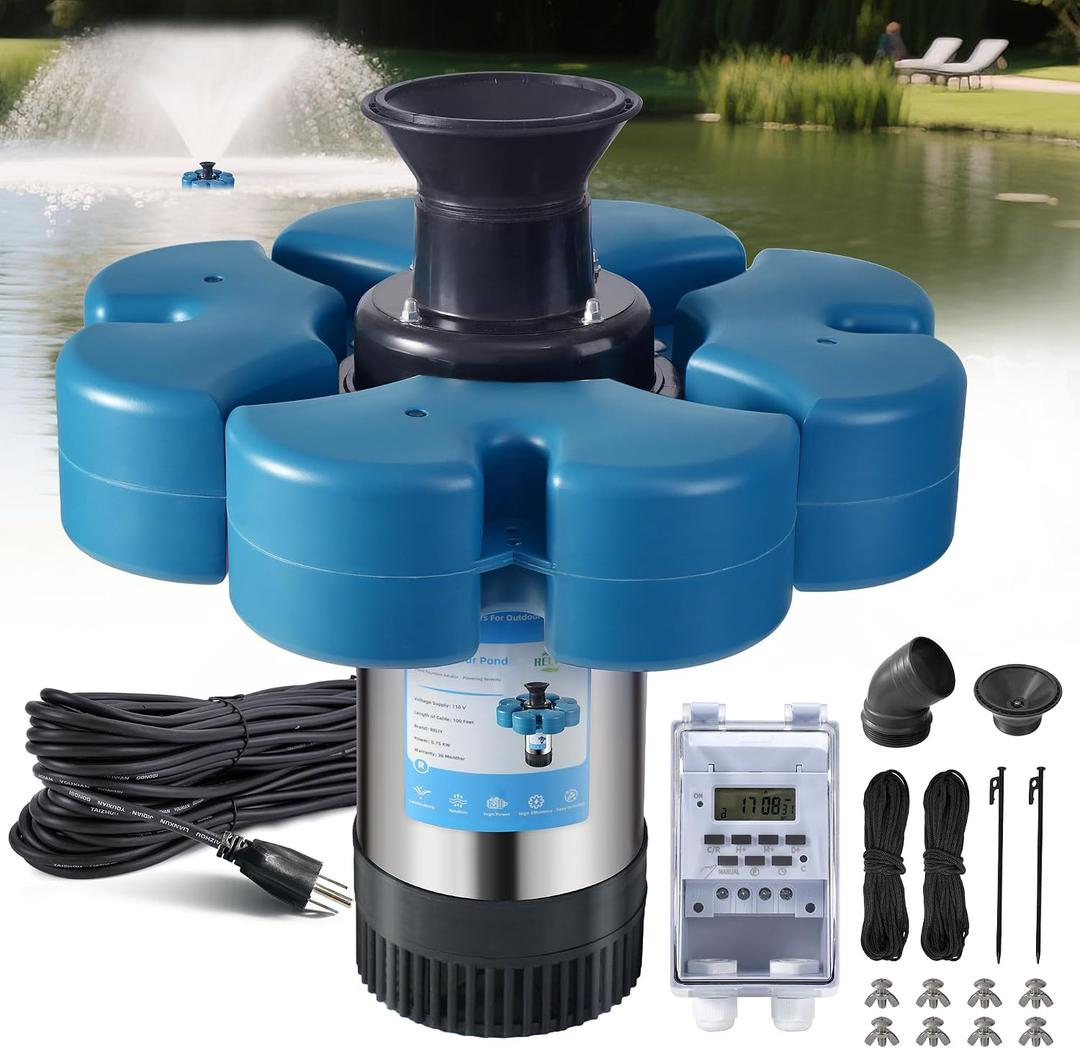 RELIY Pond Fountain Aerator, 15000 GPH 110V 1HP Fountain Pump, Fully Automatic Powerful Lake Floating Fountain, 100 FT Power Cord, 2x100 FT Traction Rope, Pond Fountains For Large Ponds