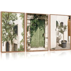 CHDITB Vintage Italy City Landscape Framed Canvas Wall Art Set, Mediterranean Door Wall Decor, Olive Green Cityscape Painting, Tree Old House Italian Art Print For Living Room Bedroom Office 16"x24"x3