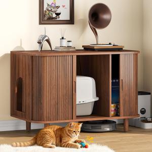 Snughome Cat Litter Box Enclosure, 35.4'' Hidden Litter Box Furniture with Sliding Door, Modern Hidden Litter Box Cabinet, Wooden Indoor Cat House, TV Stand, Side End Table for Living Room, Walnut