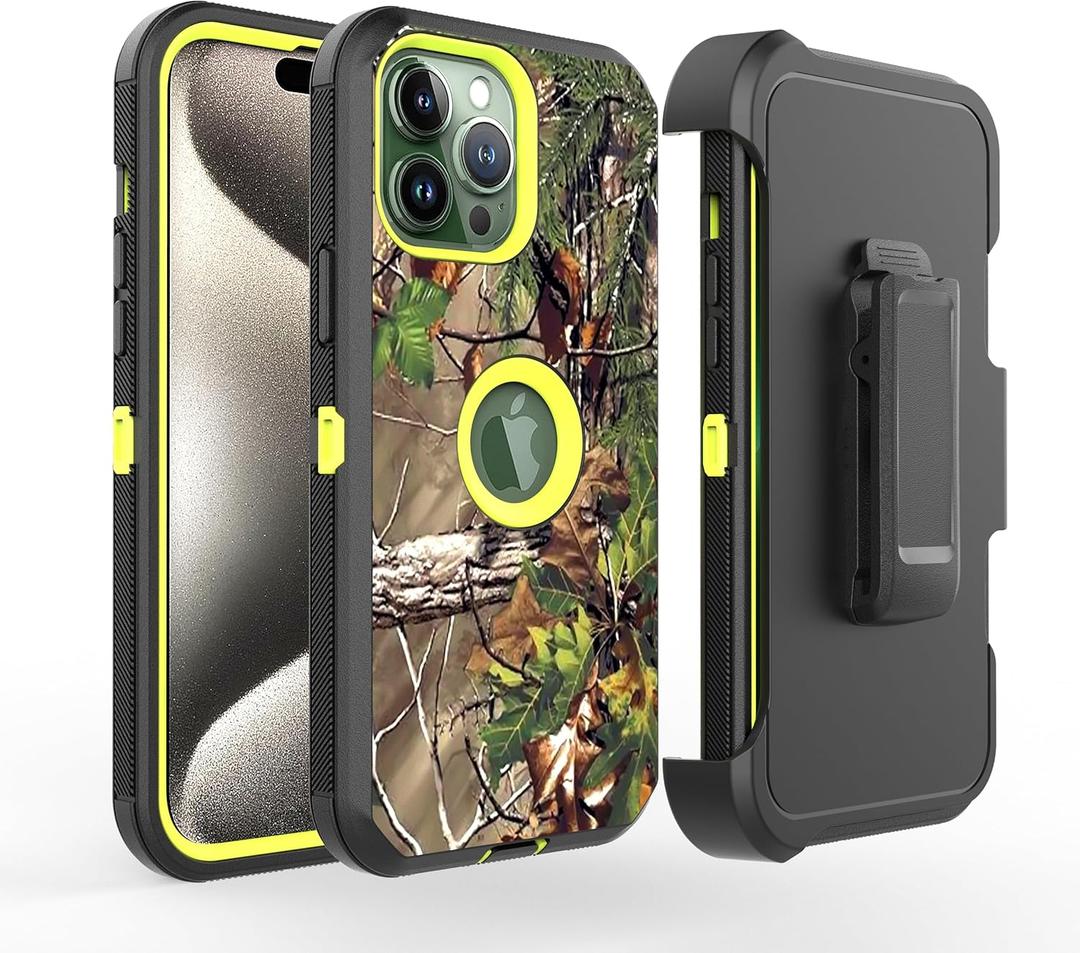 Fastsun Camo Design Defender Case Designed for iPhone 16, Protective Defender Shockproof Hybrid Case Dual Layer Hard Protective Cover Compatible with iPhone 16 (Clip+Camo Green)