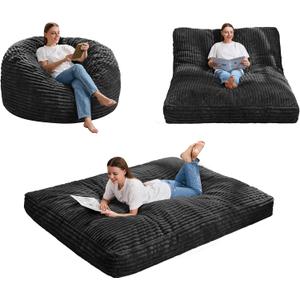 Hobestluk Bean Bag Chair Convertible Beanbag Chairs for Adults, 3 in 1 Bean Bags with Stripe Cover, Adult Bean Bag Chair for Living Room, Bedroom (Black, Full) (Charcoal)