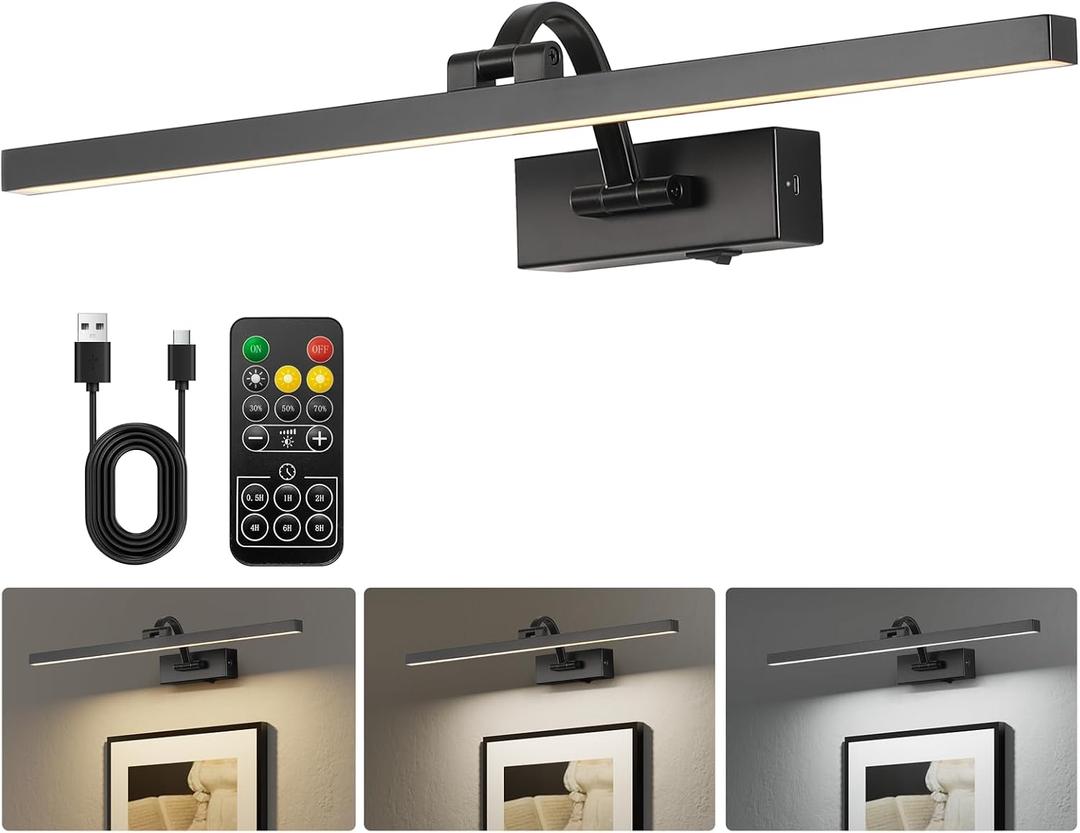 Wireless Picture Lights for Wall,23.5 Inch Black Art Light for Paintings,Battery Operated Picture Lights with Remote Control,Dimmable Rechargeable Art Lamps for Picture Frame,Gallery, 23.43inch