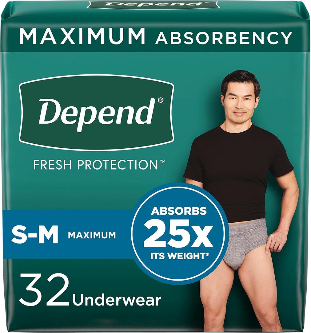 Depend Fresh Protection Adult Diapers, Incontinence Underwear for Men, Disposable, Maximum, Small/Medium, Grey, 32 Count