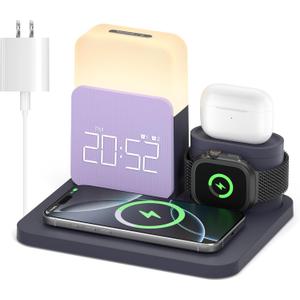 Alarm Clock Charging Station for Bedrooms, 7 in 1 Wireless Charging Station, Magnetic Charger with Night Light Bedside Clock for iPhone 17 16 15 14 13 12 Pro Max, Apple Watch, AirPods (Deep Purple)