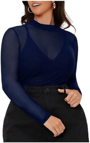COZYEASE Women's Plus Size Sheer Mesh Tops Mock Neck Long Sleeve Tee Tops Trendy Slim Fit Clubwear, 4XL