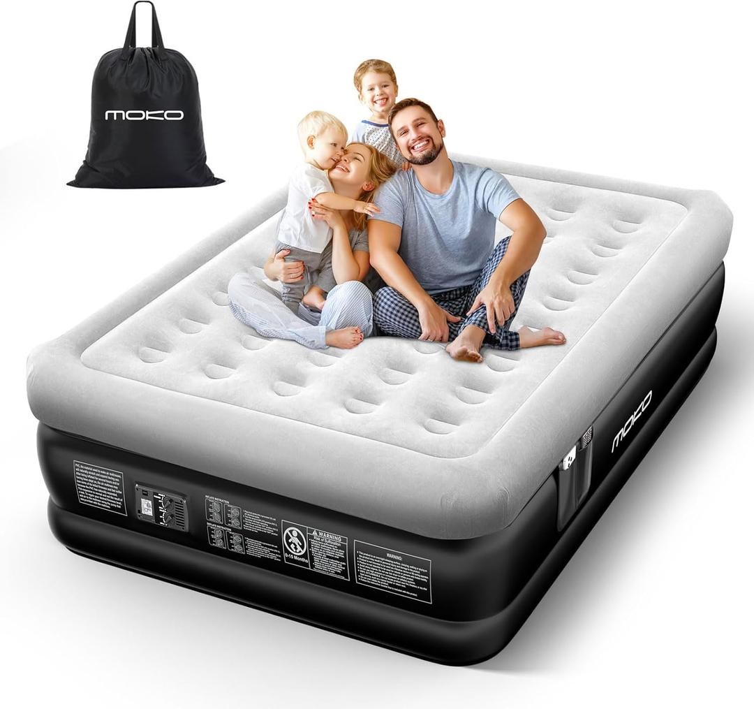 MoKo Air Mattress Queen with Built in Pump, 18'' Luxury Inflatable Mattress, 3 Min Fast Blow up Mattress, Comfort Top - Velvety Air Bed for Home, Camping, Travel, Guests, Black/Gray (18" Queen)