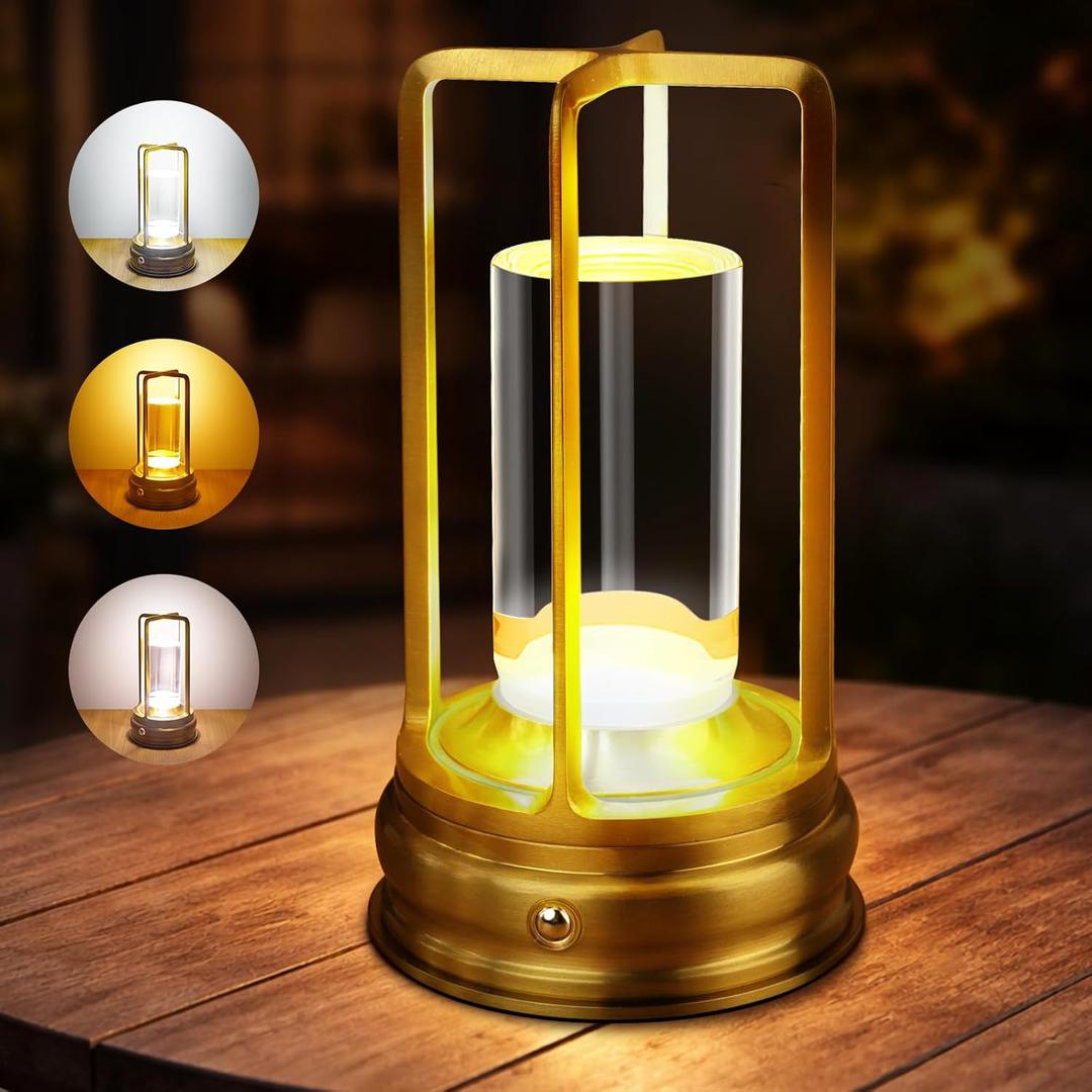 Cordless Table Lamp - Rechargeable LED Lamp with 2000mAh Battery, 3 Color Stepless Dimming & Touch Control, Portable Lamp for Indoor Outdoor, Bedroom, Restaurant, Bar, Patio, Camping, Gold (1 Pack)