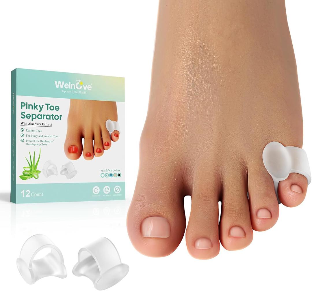 Welnove Gel Toe Separator, 12 Pack Pinky Toe Spacers, Aloe Vera Extract Infused Silicone Little Toe Spacers, Bunion Corrector, Bunion Cushions Pads for Preventing Rubbing & Relieve Pressure
