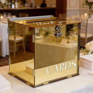 Metallic Gold Mirror Acrylic Wedding Card Box with Slot & Lock, Classy Wedding Card Boxes for Reception, Large Money Gift Cards Box for Party Engagement Birthday Graduation Table Decor
