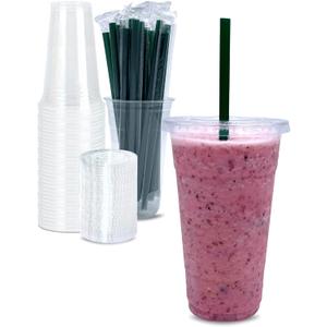 24 oz Clear Plastic Cups with Lids and STRAWS, Disposable Drinking Cups for Cold Drinks, Iced Coffee, Milkshakes, Smoothies, 25 Sets