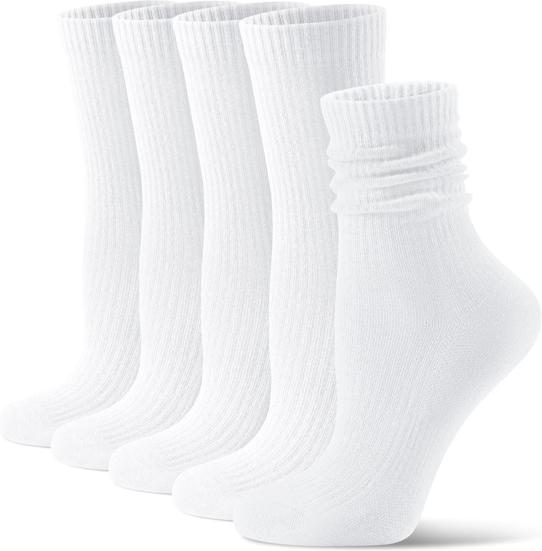 CS CELERSPORT Crew Socks for Women, 5 Pack Retro Cotton Casual Cushioned Slouchy Socks (White, S)